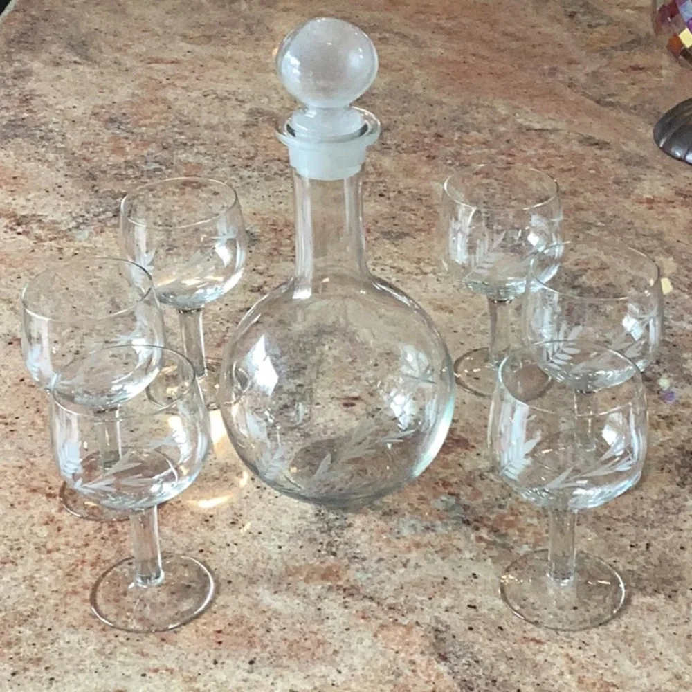 Vintage etched decanter with glasses
